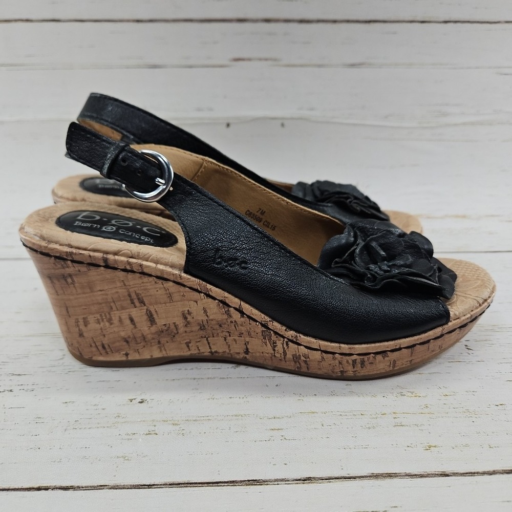 BOC Born Womens 7 Black Leather Blossom Flower Cork Wedge Slingback Sandal Shoe - Picture 5 of 11